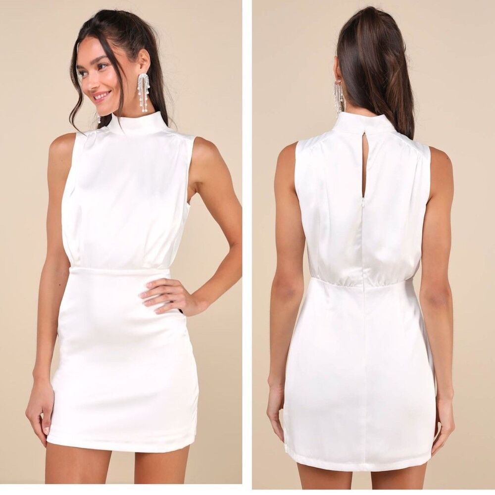 Lulus Classic Elegance White Satin Sleeveless Mock Neck Mini Dress Size large
